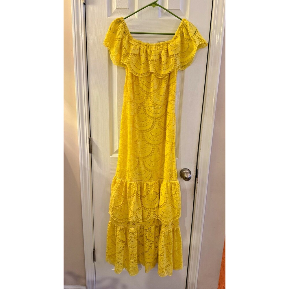 Gianni Bini Yellow Lace Tiered Midi Dress Sz M NWT Off Shoulder Boho Romantic - Picture 3 of 9